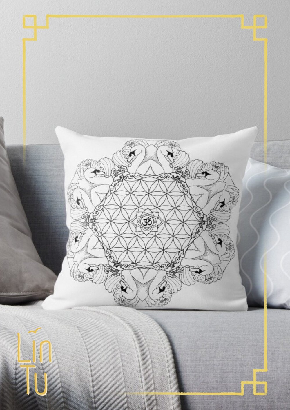 An image of a couch with throw pillows. The showcased has a Swan Mandala design on it, made with LinTu.studio clipart.